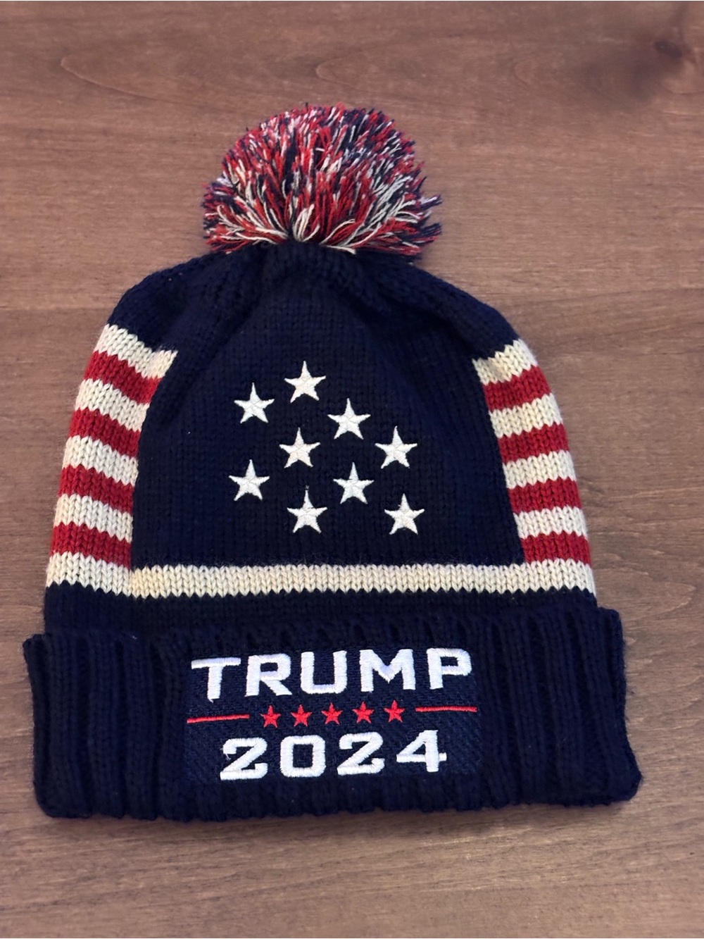 Trump 2024 Knit Pom Beanie - Navy, Red & Cream, NWT